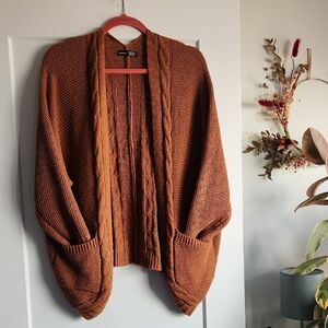 SHEIN Rust Open-Front Cable Knit Cardigan